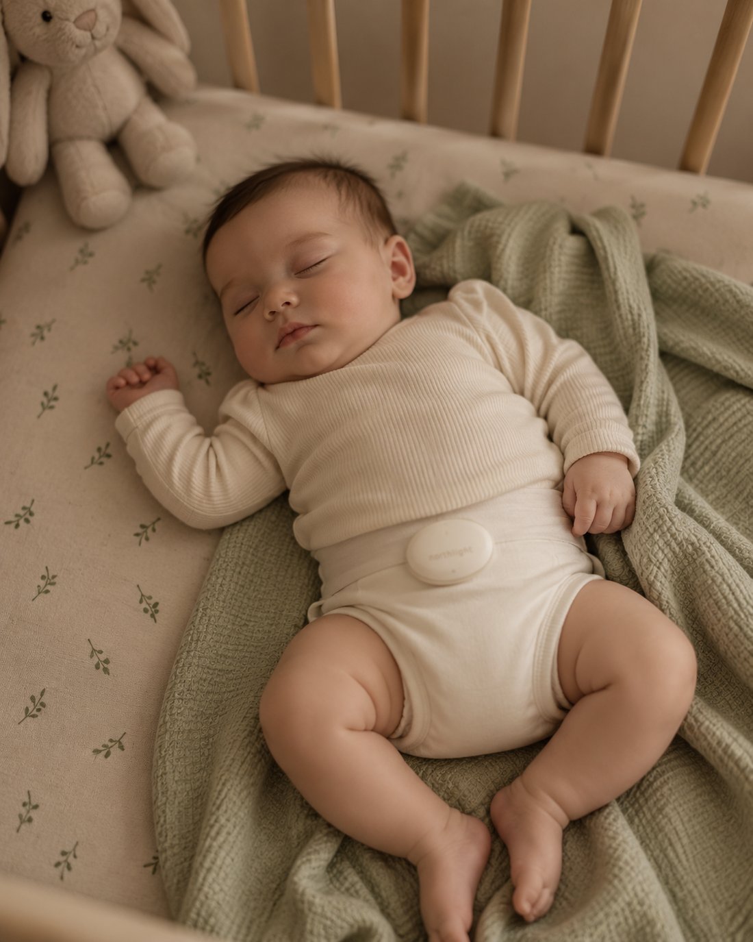 A peaceful baby sleeping in a crib, with a warm amber glow pulsing gently above them, representing breath becoming light.